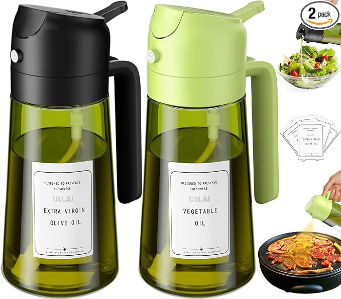 USLAI Oil Sprayer for Cooking, 16oz/470ml 2 in 1 Glass Olive Oil Dispenser Bottle for Kitchen, Air Fryer, BBQ and Salad - Black Green