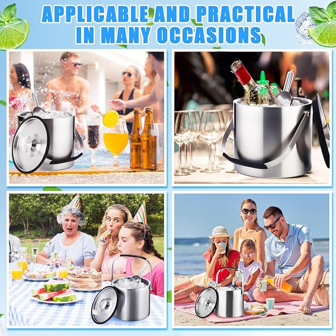 meekoo 4 L Double Wall Insulated Ice Bucket with Lid, Scoop, Strainer, Handle Large Stainless Steel Wine Ice Bucket Upgraded Cover Keep Frozen Longer for Cocktail Bar Parties(Silver)