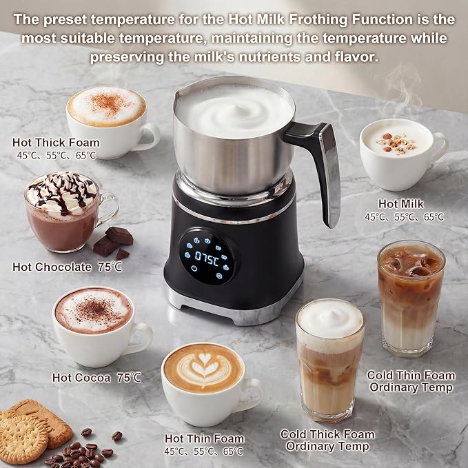 7-IN-1 Milk Frother, 20.3 OZ Milk Frother and Steamer with Temperature Control Stainless Steel Electric Milk Frother Dishwasher Safe Hot and Cold Foam for Latte Hot Chocolate Cocoa (Black)
