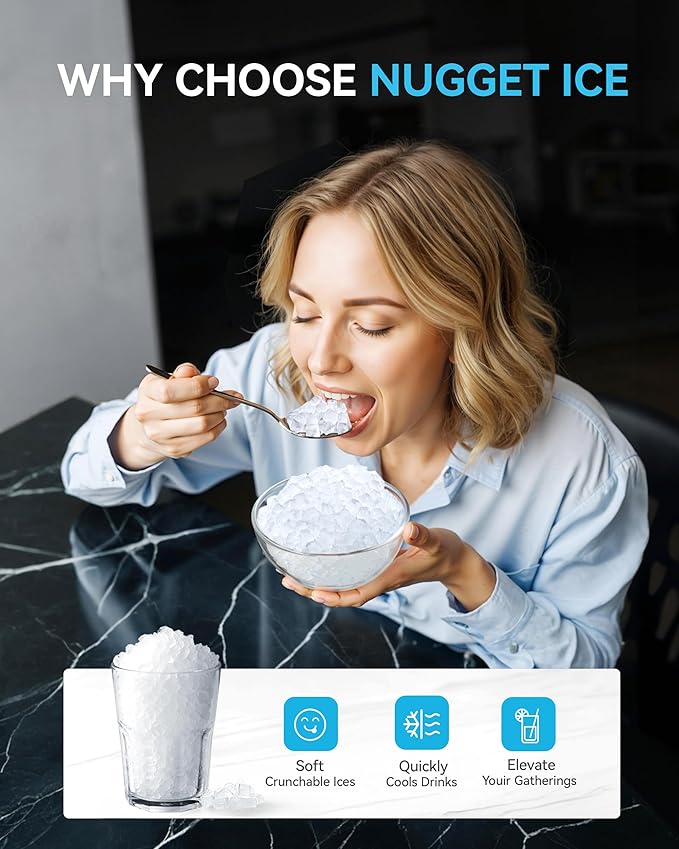 EUHOMY Smart Nugget Ice Maker Countertop, Sonic Ice Maker Machine with APP Control, Ready in 7 Mins, 40lbs/24H, Self-Cleaning, Portable Pebble Ice Makers with Hanging Ice Scoop for Home/Kitchen/Office