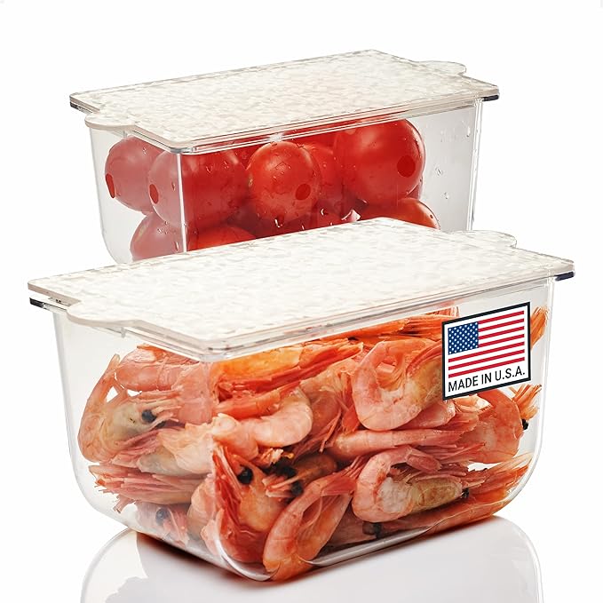 Pikanty Small Refrigerator Organizer Bins with Lids, Set of 2 - Clear Plastic Fridge Storage Containers for Condiments, Yogurt, Snacks, Cheese, Leftovers, Stackable, Dishwasher Safe, Made in USA