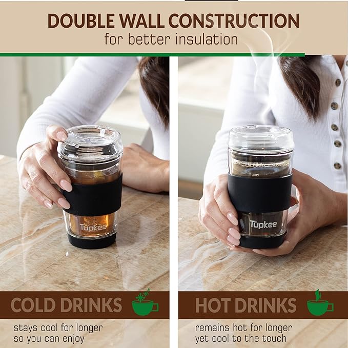 Tupkee Double Wall All Glass Tumbler - 8-Ounce, Reusable Insulated Tea/Coffee Mug & Lid, Hand Blown Glass Travel Mug - Black - 2 Pack