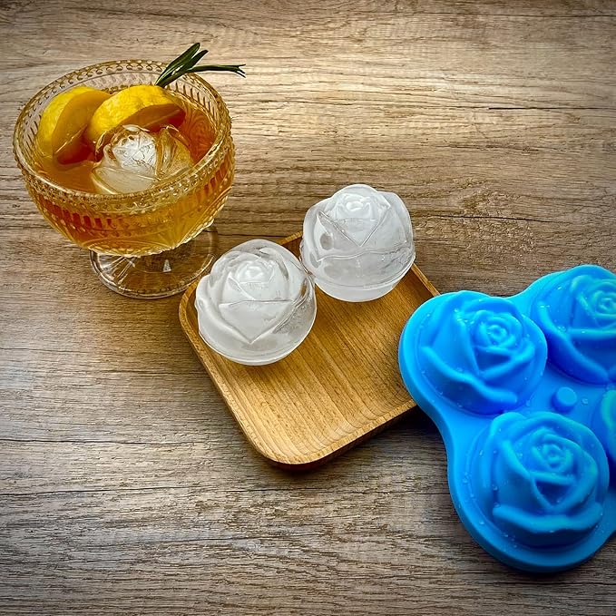 CAMKYDE Rose Ice Cube Tray 2.5 Inch [1 Mold + 1 Funnel + 4 Stoppers], 4 Cavity Silicone Rose Ice Cube Mold for Whiskey, Chilling Cocktails, Bourbon, Juice (Blue)