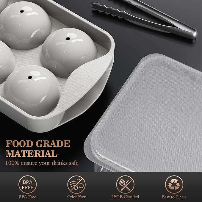 Whiskey Ice Cubes Mold 2 Pack - Round Ice Cube Mold & Ice Ball Maker Set with Storage Bin, Ice Cube Trays with Lid, Tongs for Bourbon & Cocktails, Gifts for Whiskey Lover