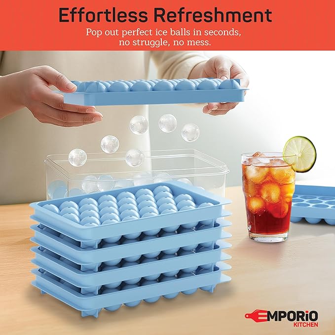 Emporio Kitchen Round Ice Cube Tray Set Pack of 2, BPA-Free Stackable Trays with Lid & Tongs, 33 Ice Balls Per Tray for Whiskey, Drinks, and Cocktails, Quick Release Round Ice Cube Mold, Blue