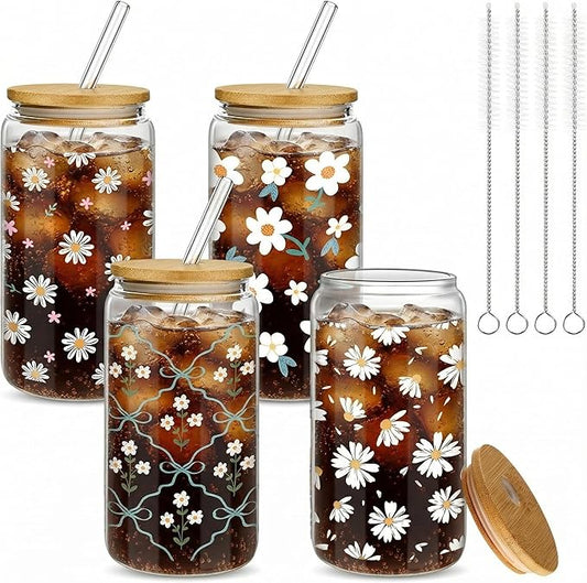 Mumufy 4 Pack Bridesmaid Gift Glass Cups, Cute Flower Mason Jars with Bamboo Lids & Straws, 16oz Iced Coffee Tumblers for Wedding, Bridal Party, Birthday, Mother's Day(Fresh Flower)
