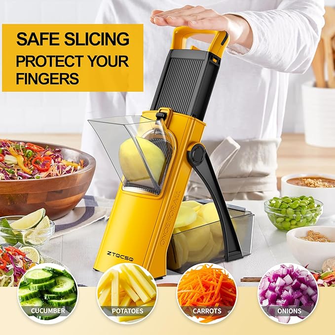 [All in 1] Upgraded Version Safe Mandoline Slicer for Kitchen, Adjustable Thickness. Veggie Slicer, Rapid Prep Mandoline, Detachable Blade, Cleaning Brush (Yellow)