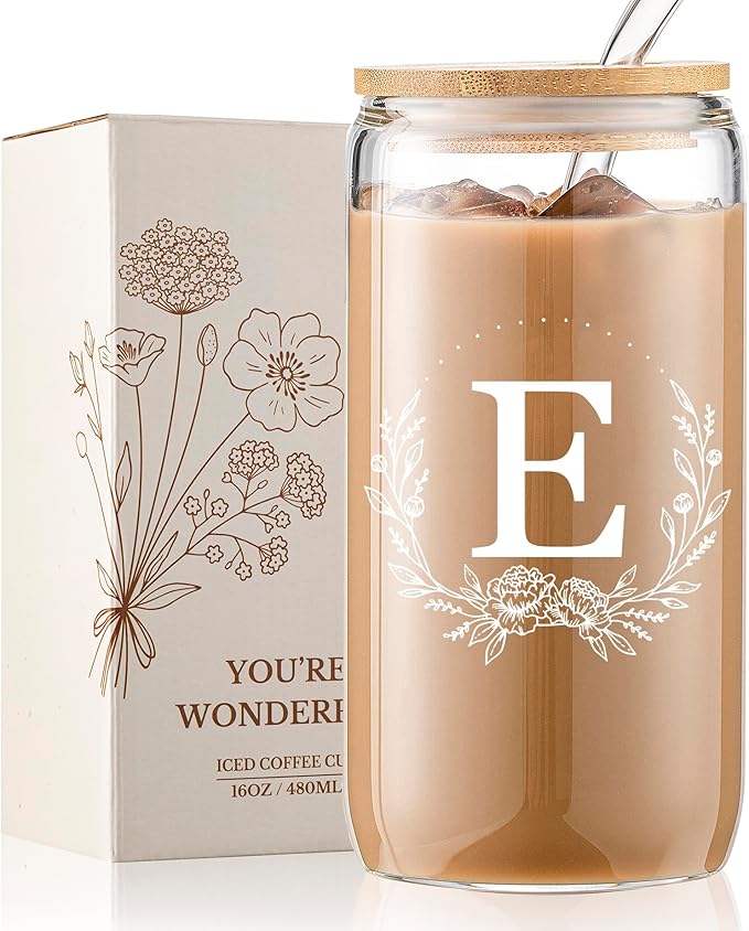 Personalized Gifts for Women, Monogrammed 16oz Glass Cups with Bamboo Lids and Straws, Customized Glass Tumbler, Cute Custom Mug, Customizable Initial Iced Coffee Glasses, Birthday Bridesmaid Mom, E