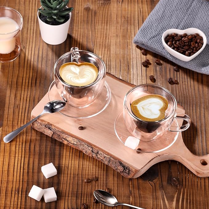 glastal Espresso Cup 5oz Double Walled Glass Coffee Mugs Tea Cups with Handle Saucer Set of 2 Heart Shaped Milk Juice Cups Drinking Glasses Birthday Wedding Valentines Gifts for Couples Parents Wife