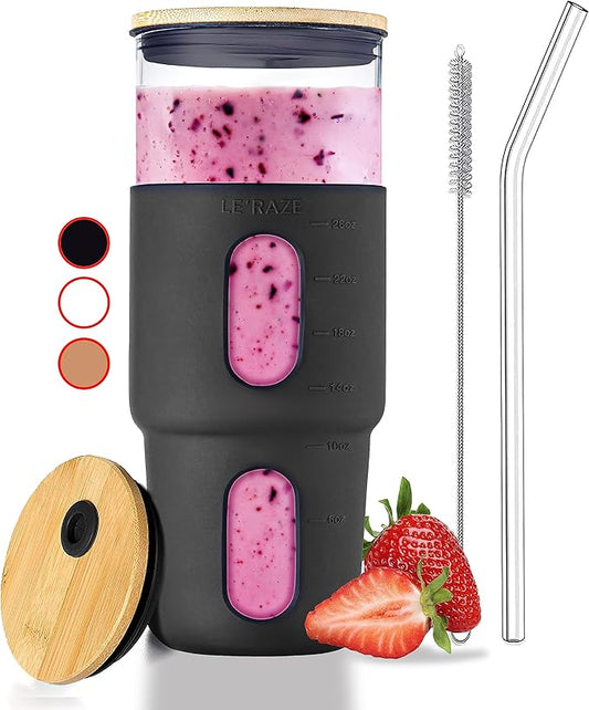 32oz Black Glass Tumbler with Straw & Bamboo Lid, Silicone Sleeve, Reusable Boba Smoothie Cup, Iced Coffee Tumbler, Fits Cup Holder, BPA Free, Le'raze