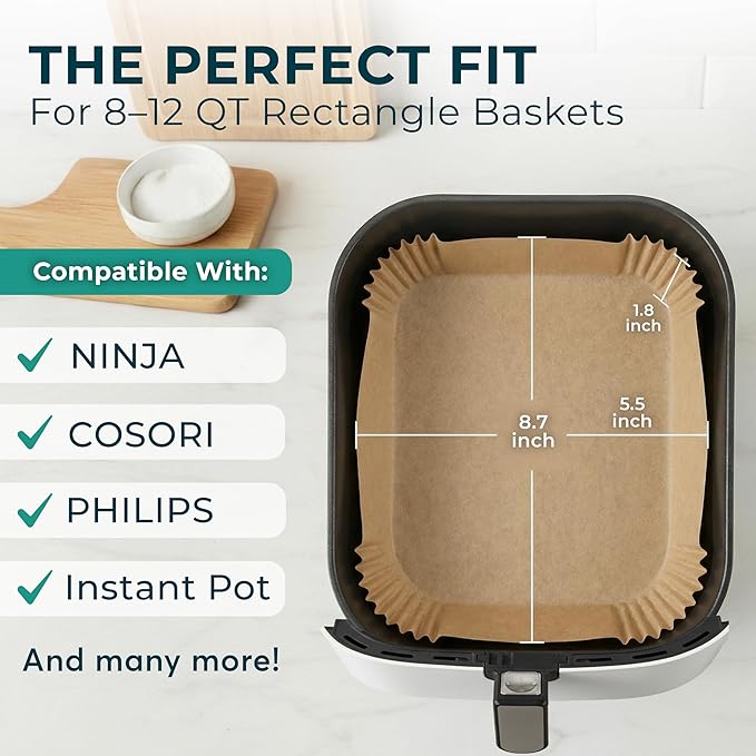 Cathy Yoder's Large Rectangle Air Fryer Liners, 250 PCS 8.7 inch Air Fryer Liners Disposable Rectangular, 8-12 QT Easy Cleanup Rectangular-Shape AirFryer Liner Parchment Paper for Cooking & Baking