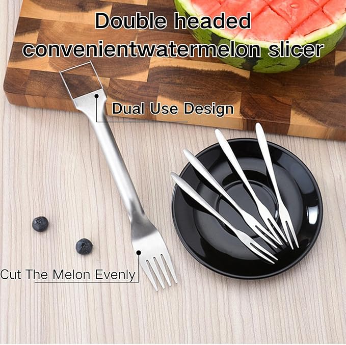 Watermelon Fork Slicer Cutter, 2-In-1 Stainless Steel Fruit Cutter, 2025 Upgrade Portable Melon Slicer Tool for Camping, Picnics, Home, Parties – Effortless Cubes & No Mess