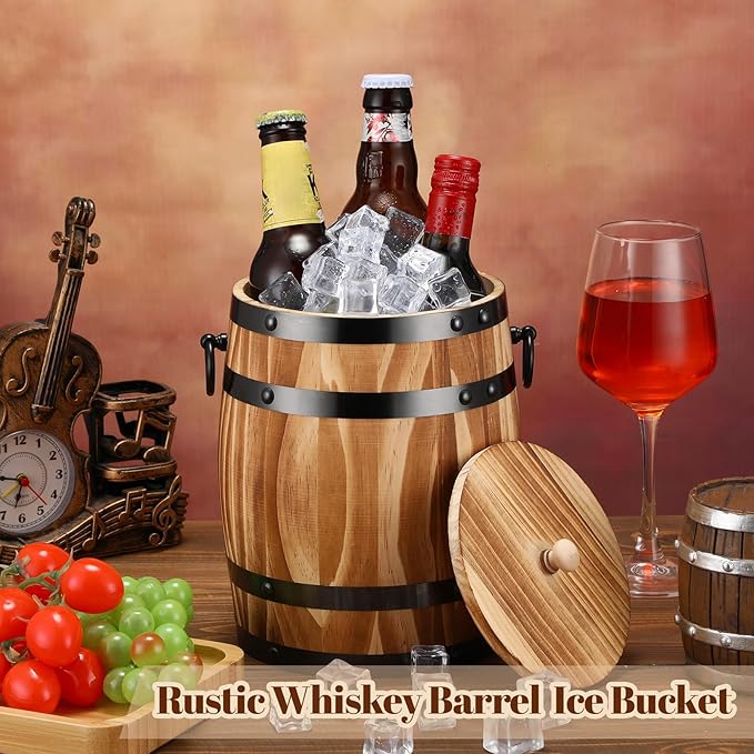 Honeydak Ice Bucket Wooden Barrel with Lid 1.5l Stainless Steel Interior Food Container with Handles for Cocktail Bar Parties Chilling Wine Champagne Home Bar Vintage Rustic Kitchen Decoration