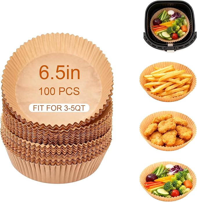 Air Fryer Liners, 100Pcs Round Parchment Paper, Cooking Non-Stick air fryer accessories, Frying Pan, Oil-proof Air Fryers for 2-4 QT Air Fryer Baking Roasting Microwave(6.5"Round)