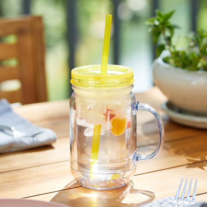 Plastic Mason Jars with Handles, Lids and Straws | 20 oz Double Insulated Tumbler with Straw | 4 Pack Set of 4 | Wide Mouth Mason Jar Mugs | Cups for Kids and Adults…