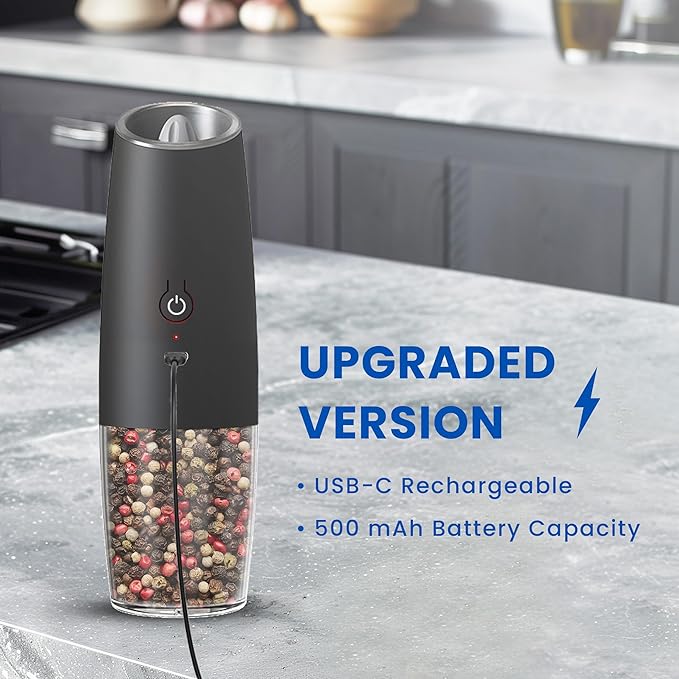 UNNEES Rechargeable Electric Salt and Pepper Grinder, gravity electric salt and pepper grinder, Adjustable Roughness, LED Light, 1 Pack, (Black)