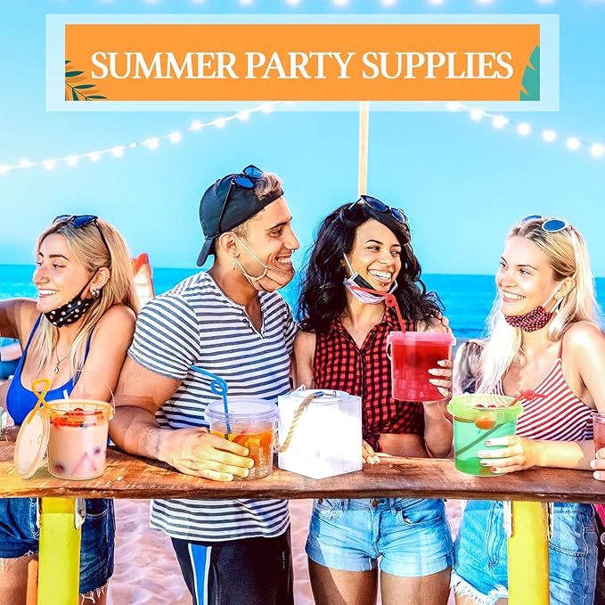 Funnymoom 32 Pack 32 oz Plastic Rum Buckets for Drinks with Straws Ice Cream Cocktail Bucket with Lids and Handles Reusable Food Containers Cup for Parties Summer Beach Bar Beer (Muticolor)