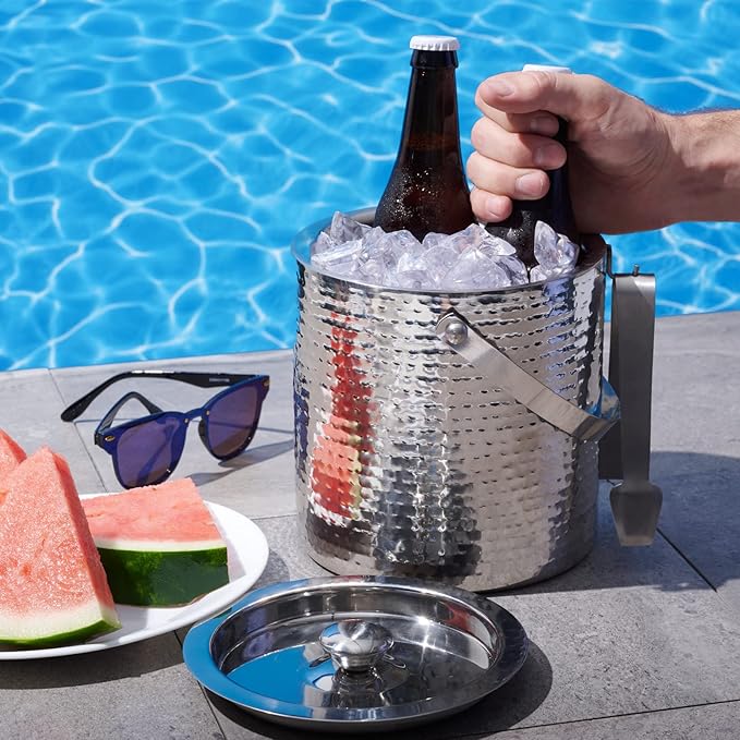 Hammered Ice Bucket - Ice Bucket with Tongs - Insulated Ice Bucket with Lid - Double Wall Ice Bucket 3 Quarts - By Colleta Home
