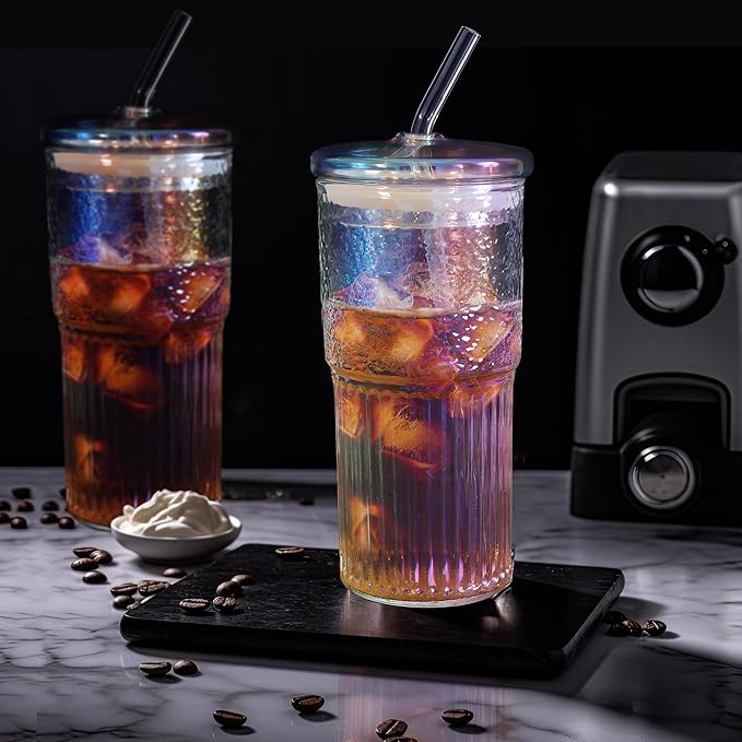 Joeyan 22 oz Iridescent Glass Tumbler with Straw and Lid for Iced Tea Coffee Smoothie Water Juice Beverages Soda,Ribbed Glasses Cups,Borosilicate Drinking Jar,Set of 2