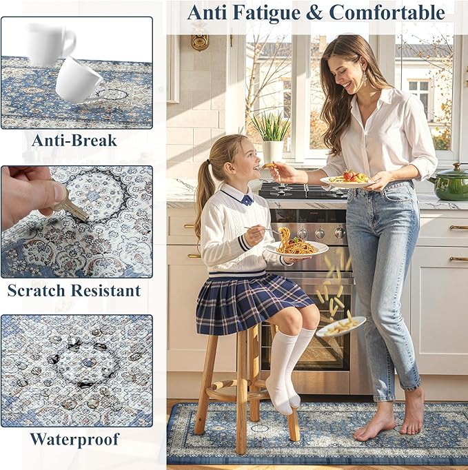 Collive Kitchen Rugs Anti Fatigue, Cushioned Kitchen Floor Mats Waterproof, Non Skid Comfort Standing Mats for Office, Sink, Laundry, 17”x59”, Blue