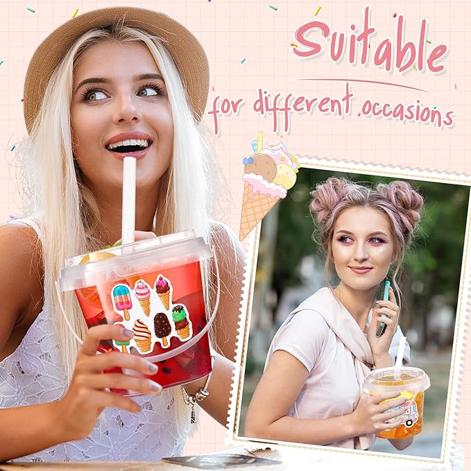 Funnymoom 30 Set Drink Buckets with Lids & Straws 24 oz Clear Plastic Disposable Ice Cream Cups Rum Cocktail Pails Bulk with Handles & Stickers for Summer Holiday Outdoor Beach Pool Party Supplies