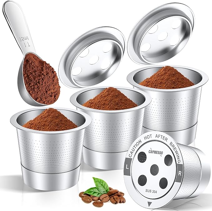 CAPMESSO Reusable K Cups for Keurig: 2026 Updated All Stainless Steel Coffee Pods with 5 Holes for Keurig K Supreme, K Slim, K Duo Gen 2 Multistream Coffee Maker with Scoop, Zero Plastic (4 Pack)