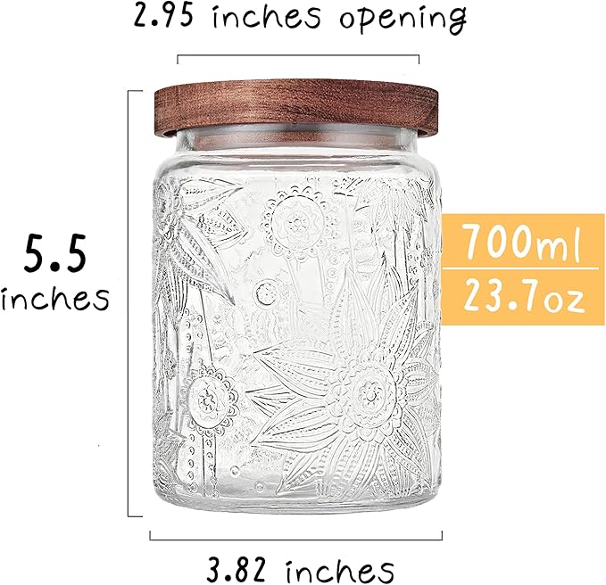 Custde Glass Storage Jars With Airtight Lid, 23.7oz Container For Kitchen Counter with Wooden Lid, brown sugar, candy, coffee, cookie, salt, tea, cute Jar (Sunflower*2)