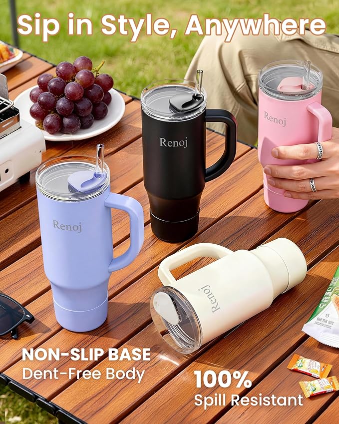 Renoj Insulated Mug 100% Spill Resistant Insulated Water Bottle for Iced Coffee & Hot Drinks - Fits Car Cup Holder, Ideal Gift, 2 Straws & Silicone Boot - FlexSlide White 32 oz