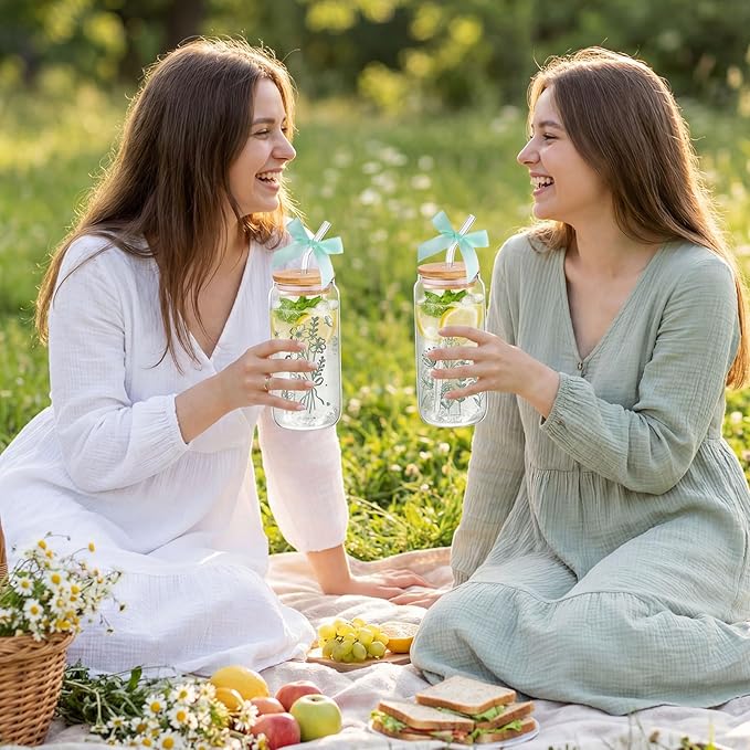 NatNarr 2 Pcs Glass Cups with Lids and Straws, Gifts for Women Sage Green Spring Floral Cute Glasses Cups, Aesthetic Glass Cup for Mothers Day Gifts Girls New Mom Birthday Baby Shower Party Gift