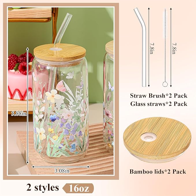 Mumufy 2 Pack Bridesmaid Gift Glass Cups, Cute Flower Mason Jars with Bamboo Lids & Straws, 16oz Iced Coffee Tumblers for Wedding, Bridal Party, Birthday, Mother's Day(Wild Flower1)