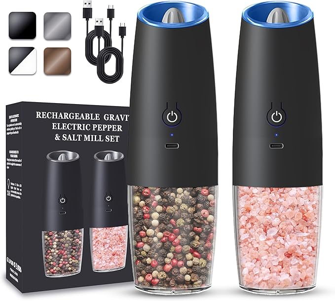UNNEES Rechargeable Electric Salt and Pepper Grinder set of 2, gravity electric salt and pepper grinder set, Adjustable Roughness, LED Light, 2 Pack, (Black)