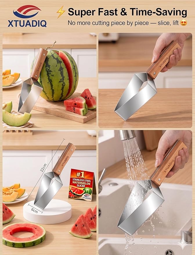 Stainless Steel Watermelon Slicer, 2026 New Triangle Watermelon Cutter, Stainless Steel with Wooden Handle for A Wide Variety Watermelon, Cantaloupe, Honeydew, Apples, and More (3pcs)