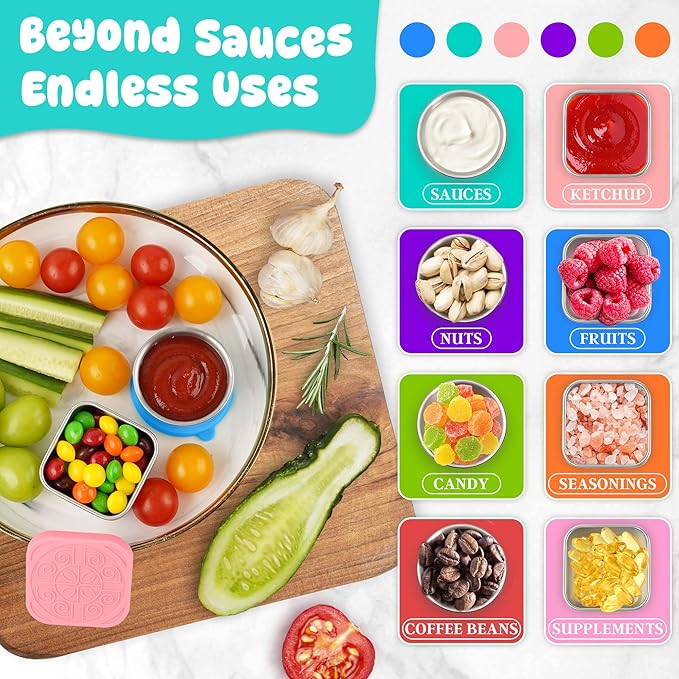 LIEMAND 6PCS Salad Dressing Container to Go, Leakproof Reusable Stainless Steel small container with lid,Sauce Containers for Lunch box,Picnics,Travel,Office and Meal Prep-1.6+2.7 Sets
