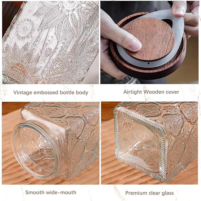 Custde Glass Storage Jars With Airtight Lid, 35oz Container For Kitchen Counter with Wood Lid, brown sugar, candy, coffee, cookie, salt, tea, cute Jar (Large Square Sunflower)