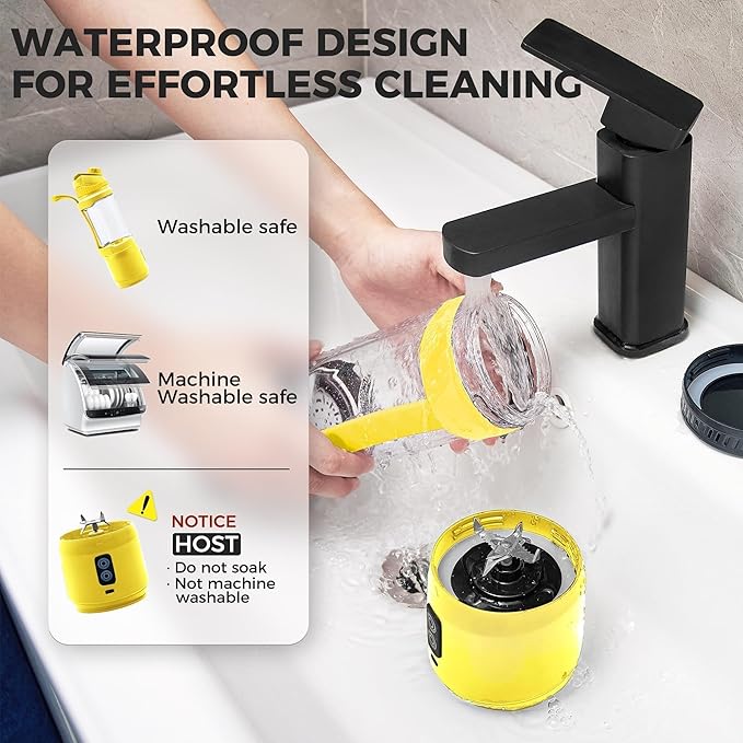 Portable Blender, Anti-Jamming 300 Watt for Shakes and Smoothies, 24oz Travel Blender USB Rechargeable, BPA Free Sporty bottle with a Travel Lid. (Yellow Base Yellow Lid)