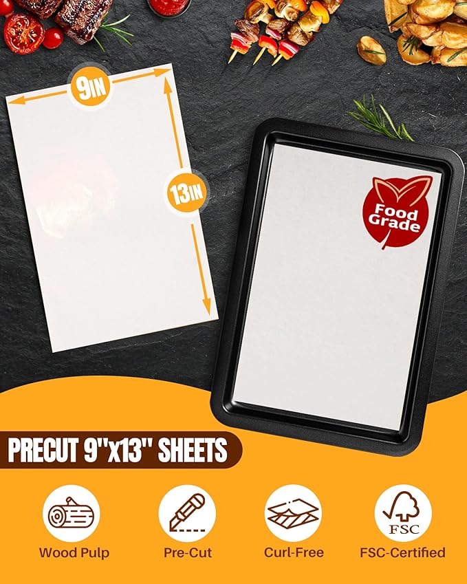 Parchment Paper Sheets, 280 Precut Unbleached Baking Paper Sheets for Oven, Air Fryer, Grilling, Steaming – Non-Stick, Greaseproof Quarter Sheet Liners for Cookies【Food-Safe White, 9" x 13"】