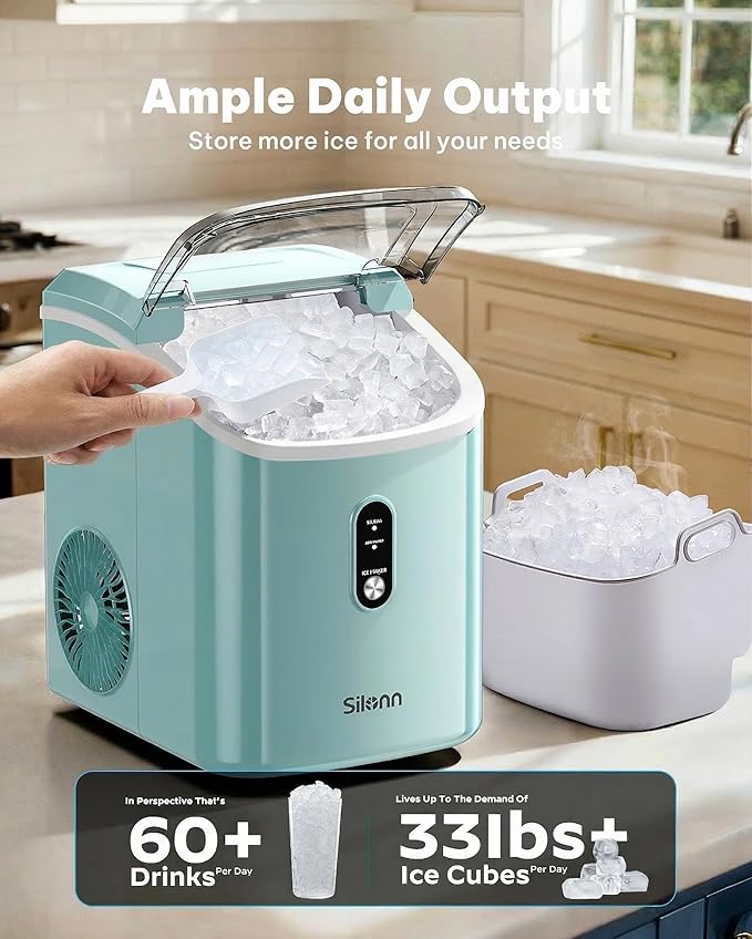 Silonn Nugget Ice Maker Countertop, Chewable Pellet Ice Machine with Self-Cleaning, Portable Pebble Ice Maker with Ice Scoop for Home, Kitchen & Office, Green
