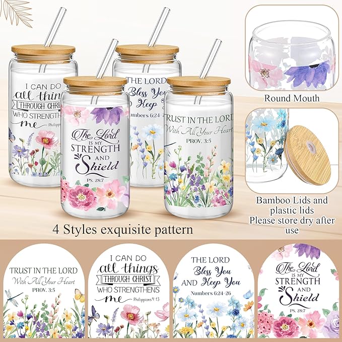 Mumufy 4 Pack Christian Gifts for Women Set Bible Verse 16oz Glass Tumblers with Straw, Inspirational Prayer Affirmation Cups, Religious & Spiritual Gift for Mom Wife Sister or Friends for Christmas