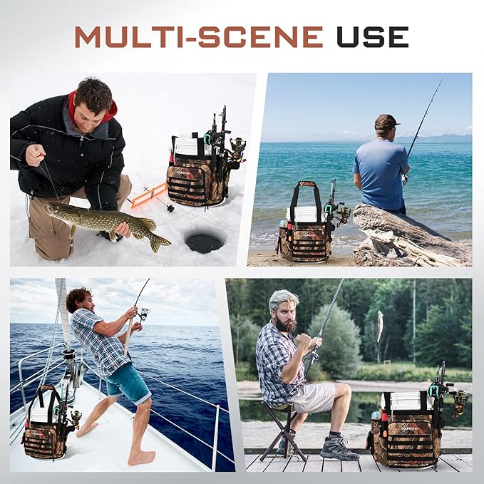 Boomistry Fishing Bucket Organizer for 5 Gallon Bucket Accessories, Fishing Tackle Bag with Adjustable Buckle, Fishing Rod Bag with 15 Multi-Pockets for Fishing Gear and Equipment (Brown Camo)