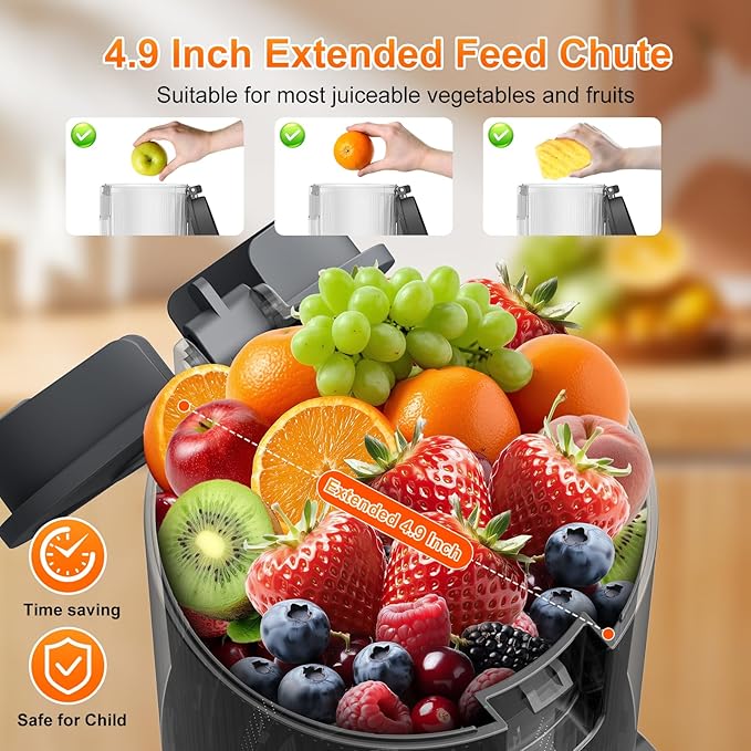 CFR637 Juicer Machines,400W Cold Press Juicer,4.9"Wide Feed Chute Slow Masticating Juicer for Whole Vegetables & Fruits,High Juice Yield,Easy to Clean,Advanced Touch Sensing Switch(Silver)