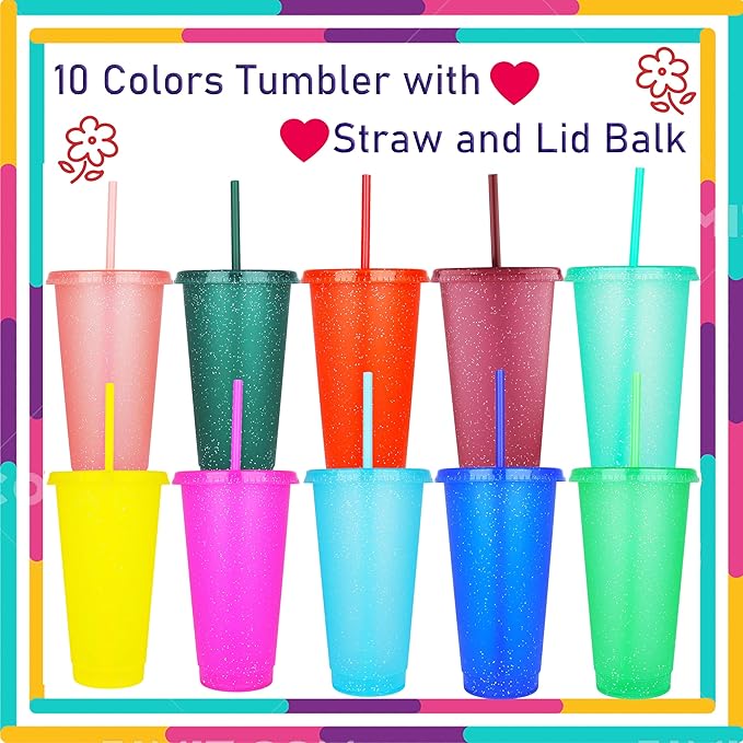 Suertestarry Tumbler with Straw and Lid,Water Bottle Iced Coffee Travel Mug Cup,Reusable Plastic Cups,Perfect for Parties,Birthdays… (10 Pack Glitter, 10 pack)