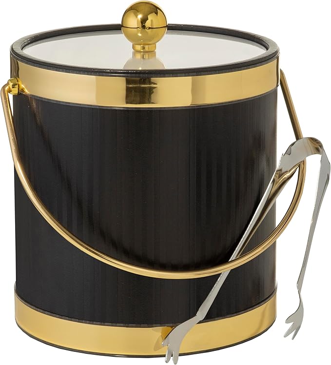 Made In USA Metallic Deco Collection Double Walled Insulated Ice Bucket With Ice Tongs (5-Quart, Black & Gold)