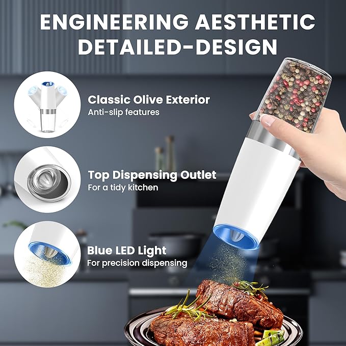 UNNEES Gravity Electric Salt and Pepper Grinder set of 2, Automatic Salt And Pepper Grinder Set, Adjustable Roughness, Battery Powered, LED Light, 2 Pack, (Black&White)