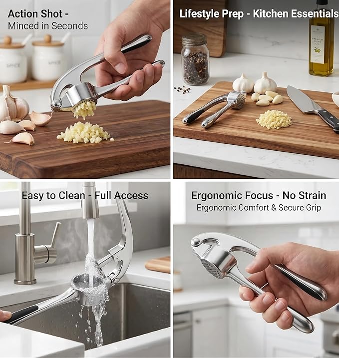Heavy Duty Zinc Alloy Garlic Press & Mincer - Professional Rust-Proof Crusher for Garlic, Ginger and Nuts - Ergonomic Easy Squeeze Kitchen Gadget