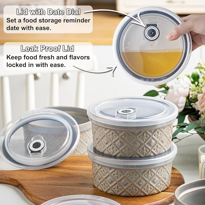 Large Ceramic Mixing Bowls with Lids Set of 4, 40 oz Salad Bowls for Kitchen Food Storage, Airtight Serving Bowls for Meal Prep, Cereal, Leftovers, Office Lunch, and Camping, Grey