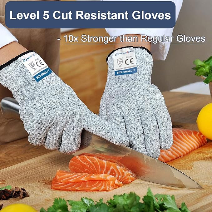 Dowellife Cut Resistant Gloves Food Grade Level 5 Protection, Safety Kitchen Cuts Gloves for Oyster Shucking, Fish Fillet Processing, Mandolin Slicing, Meat Cutting and Wood Carving (X-Large-3 Pairs)