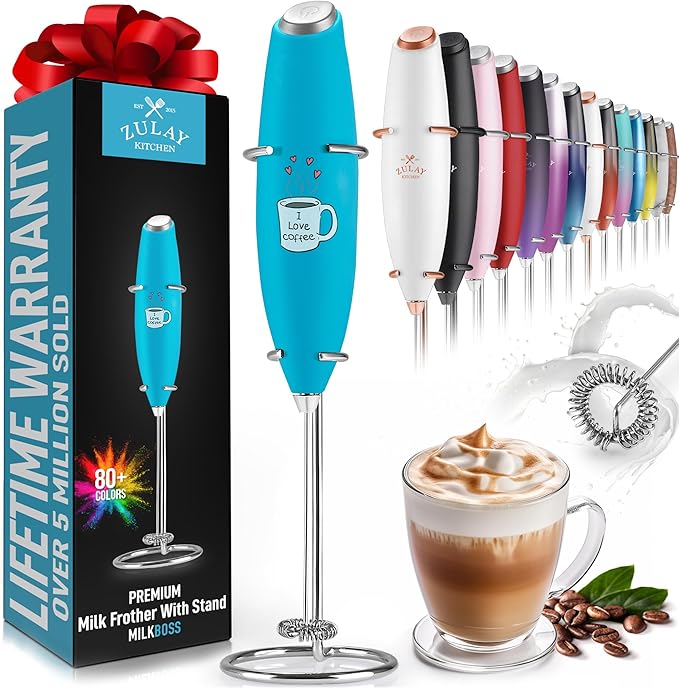 Zulay Kitchen Powerful Milk Frother Wand - Ultra Fast Handheld Drink Mixer - Electric Whisk Foam Maker for Coffee, Lattes, Cappuccino, Matcha & Creamer - Love Coffee Blue