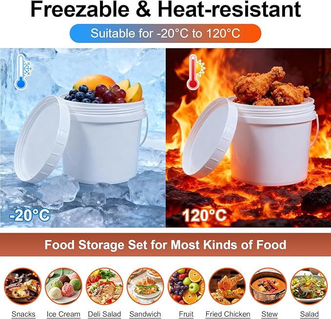 4 Pack 1 Gallon Plastic Buckets with Screw Lids & Handle, Food Grade Storage Containers for Kitchen, Freezer - Reusable White Plastic Bucket Set