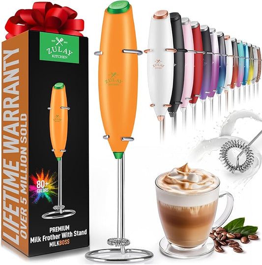 Zulay Kitchen Powerful Milk Frother Wand - Ultra Fast Handheld Drink Mixer - Electric Whisk Foam Maker for Coffee, Lattes, Cappuccino, Matcha & Creamer - Jet Orange
