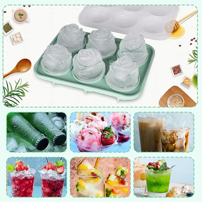3D Rose Ice Cube Tray Set of 2, 6-Cavity Silicone Ice Cube Molds with Lid, Easy Release Ice Cube Trays for Freezer, BPA Free Ice Mold for Gift, Drinks, Coffee and Cocktails, Whiskey (Green)